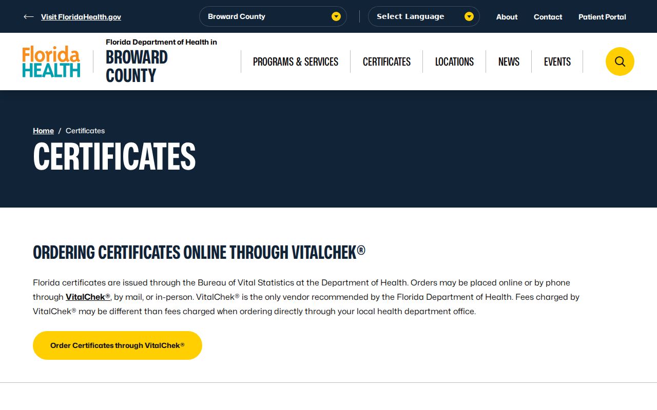 Broward County residents directory vital certificate page