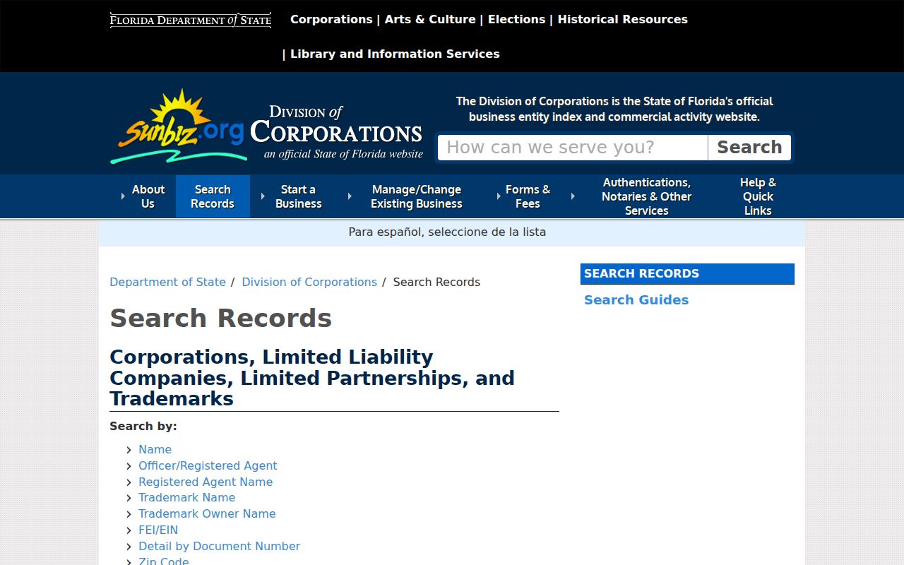 Sunbiz search for Broward County previous residents entity clues