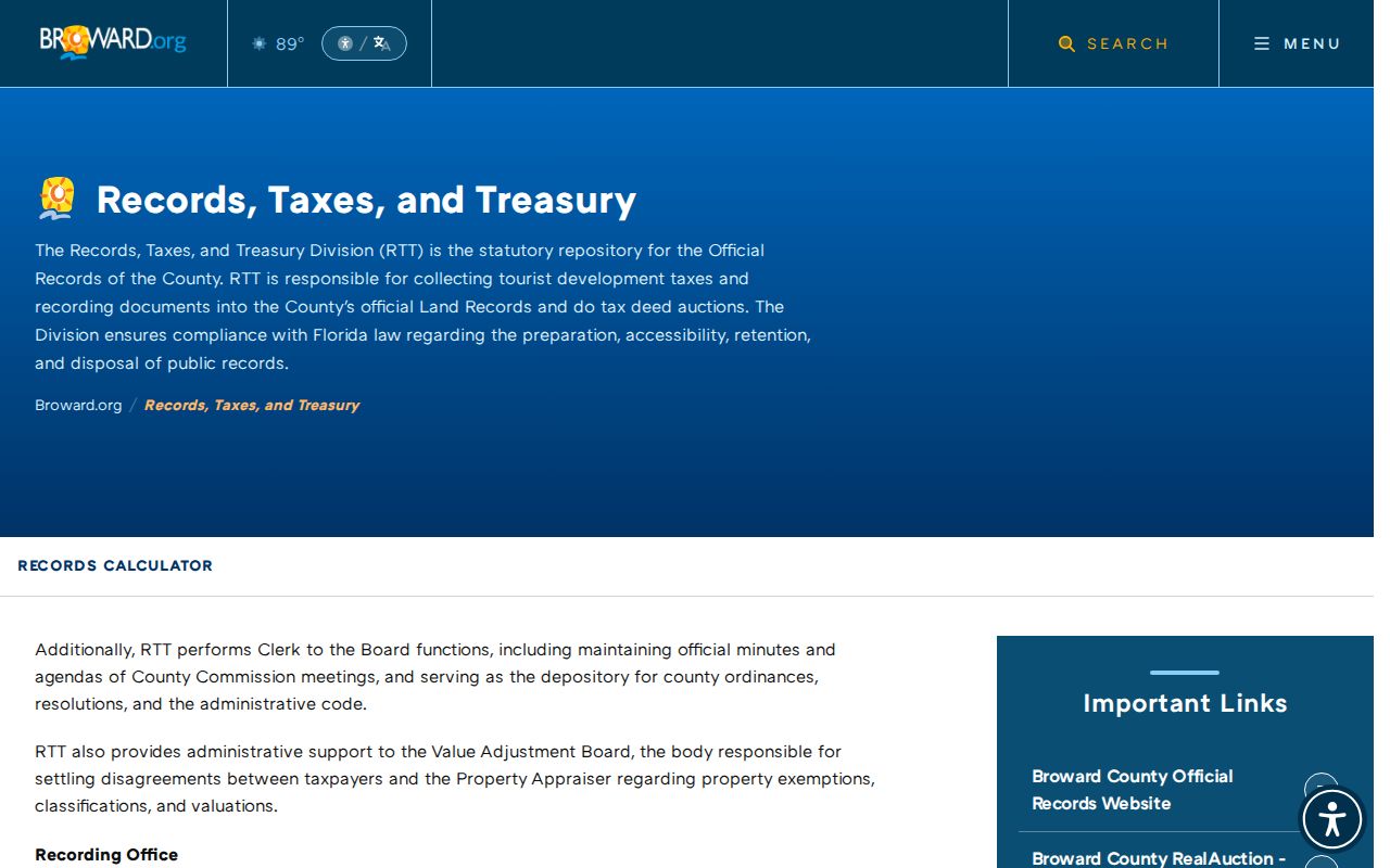 Broward County previous residents Records Taxes and Treasury access page