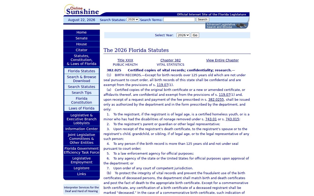Florida statute page used in Broward County previous residents research