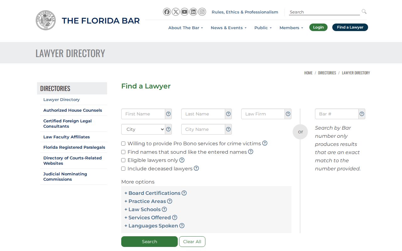 Florida Bar directory supporting Broward County previous residents research
