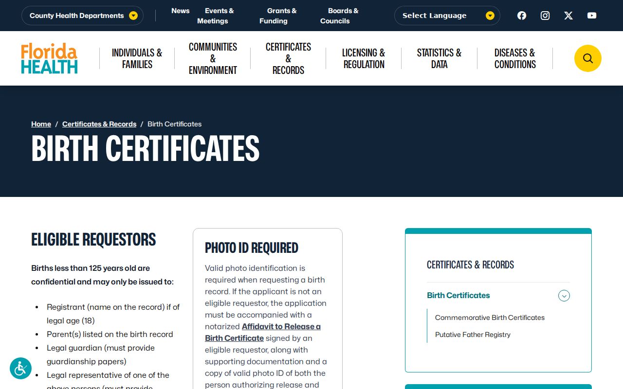 Florida birth certificate ordering page used for Broward County resident verification