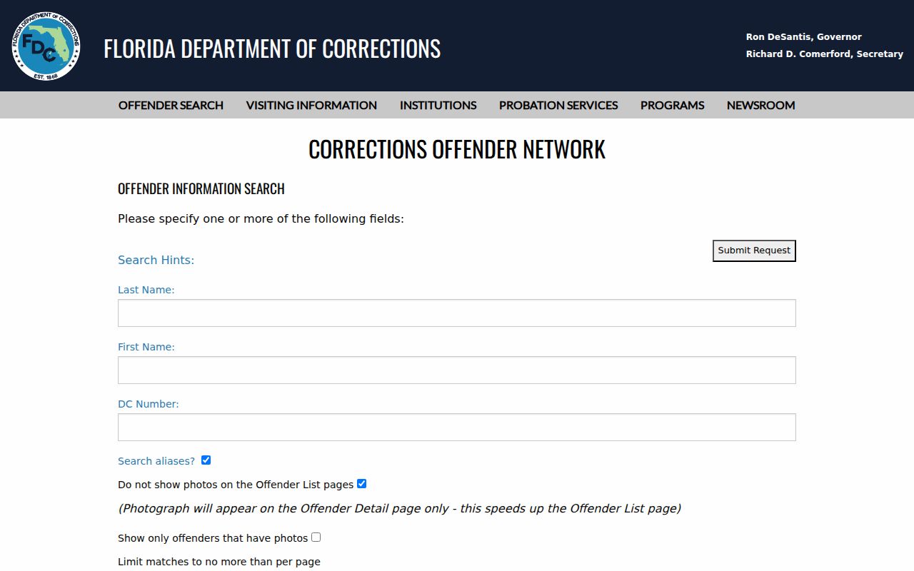 Florida Corrections official offender lookup page for state custody records