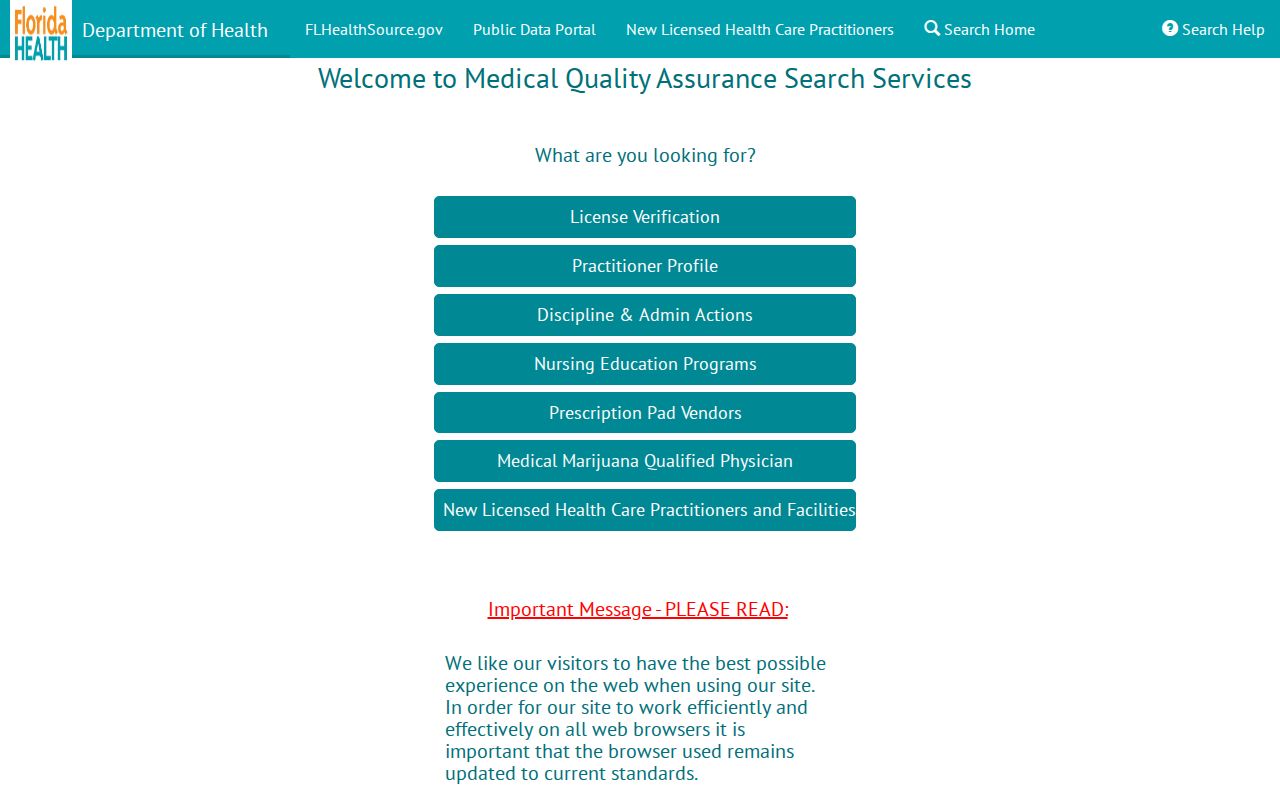 Florida MQA health license search used with Broward County postal geography